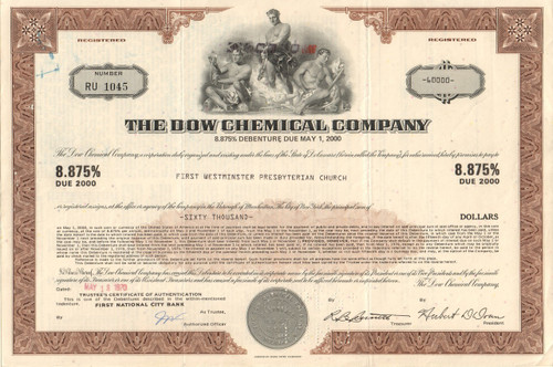Dow Chemical Company bond certificate 1970's - brown