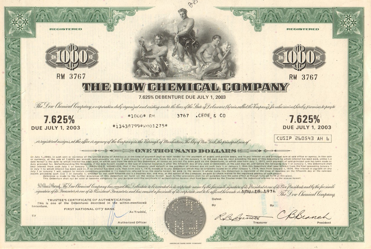 Dow Chemical Company Bond Certificate 1970 S Plastics And Chemicals