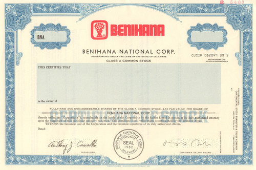 Benihana National Corp. stock certificate specimen 