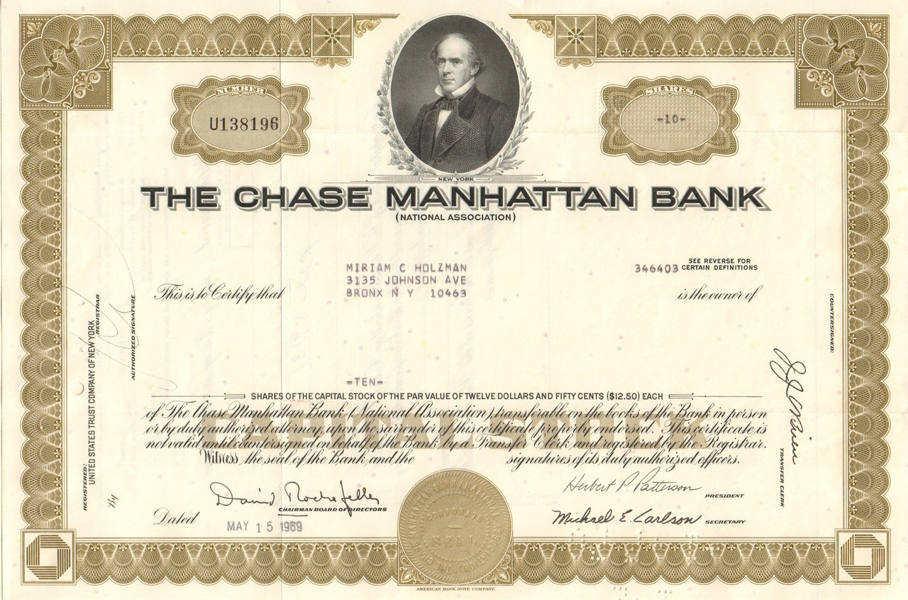 Stock Certificat Chase Manhattan Corp Printed Signature of David Rockefeller