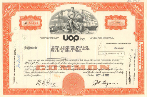 UOP Inc. stock certificate 1975 (oil and refinery services) 