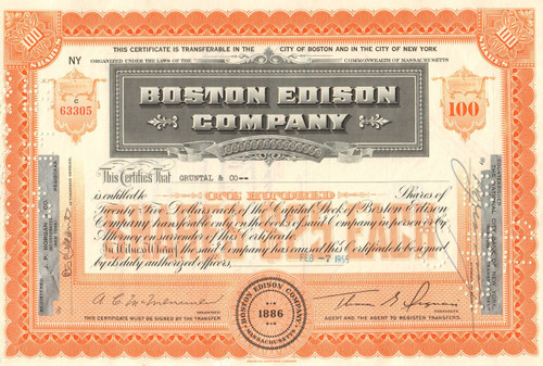 Boston Edison Company stock certificate 1950's (electric utility) 