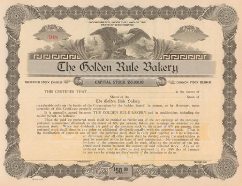 The Golden Rule Bakery stock certificate circa 1920 (Washington) 