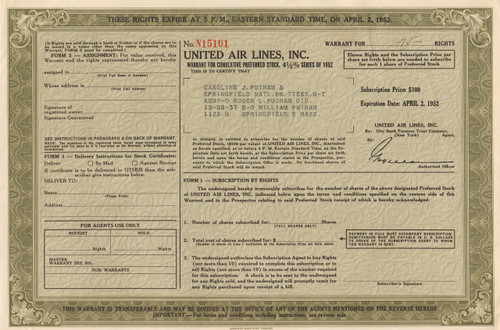 United Air Lines preferred stock warrant certificate 1952