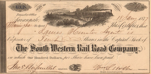 South Western Rail Road Company Inc. stock certificate 1877 