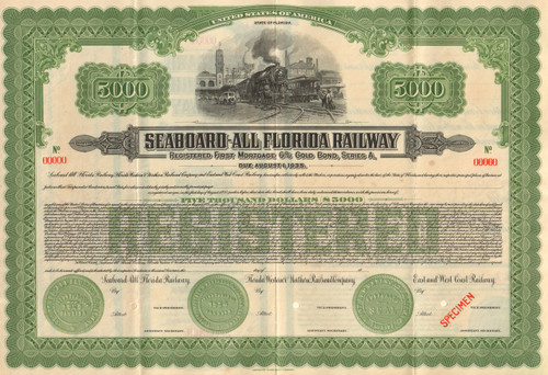 Seaboard-All Florida $5000 bond certificate specimen (horizontal)
