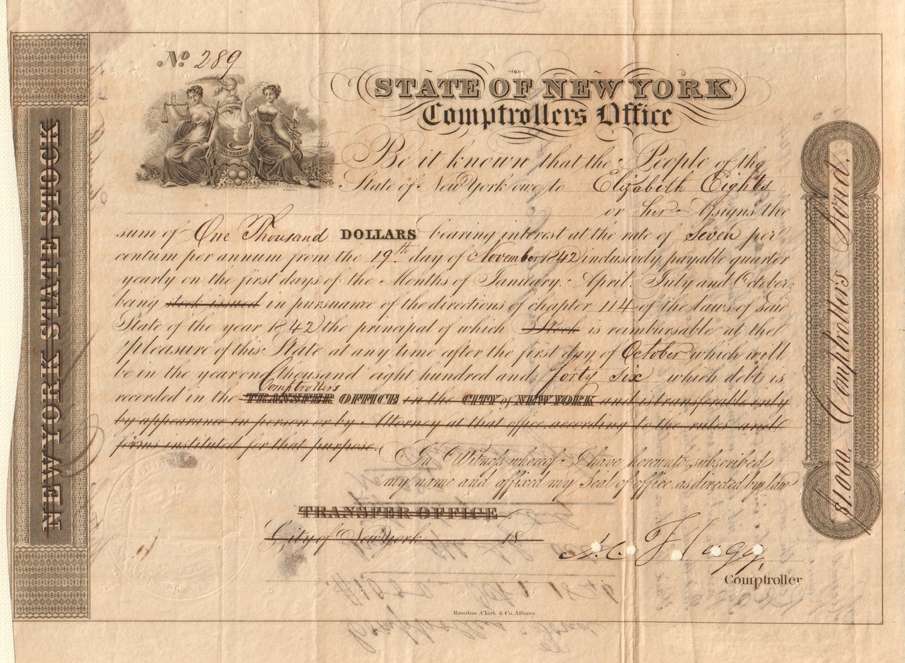 State of New York Comptroller's Office stock certificate 1842