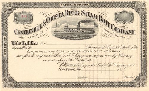 Centreville & Corsica River Steamboat Company stock certificate 1880's - Queen Anne's County Maryland