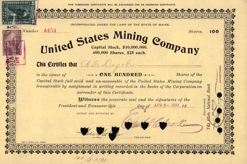 United States Mining Company 1899 (Utah mines) - 100 shares