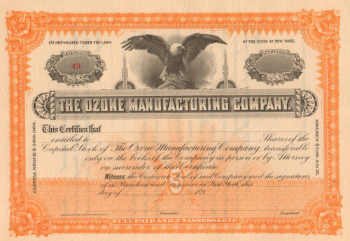 Ozone Manufacturing Company stock certificate 1890's 