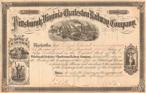 Pittsburgh, Virginia and Charleston Railway Company stock certificate 1882