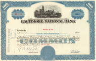 Baltimore National Bank stock certificate 1960's - blue