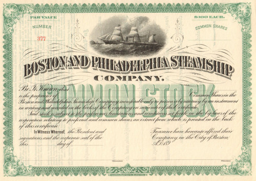 Boston and Philadelphia Steamship Company stock certificate 1890's - green