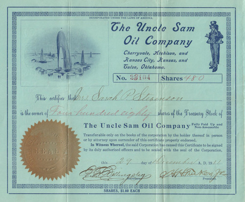 Uncle Sam Oil Company  stock certificate 1911 