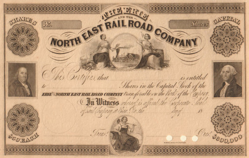 Erie and North East Rail Road Company stock certificate 1850's 