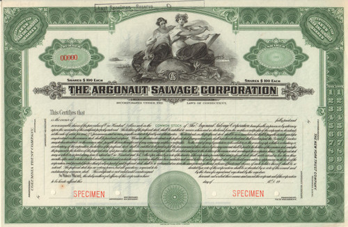 Argonaut Salvage Company Stock Certificate - specimen circa 1919