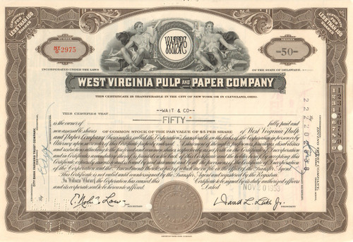West Virginia Pulp and Paper Company stock certificate 1953 (Westvaco)