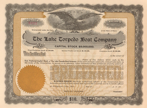 Lake Torpedo Boat Company stock certificate - preferred stock