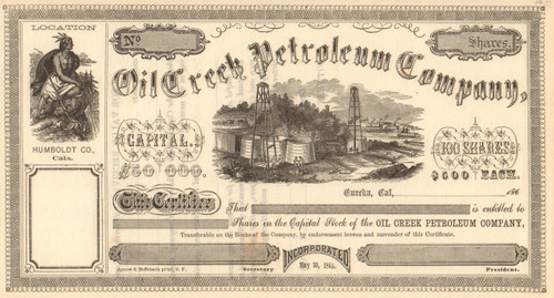 Oil Creek Petroleum Company stock certificate circa 1865 (California)