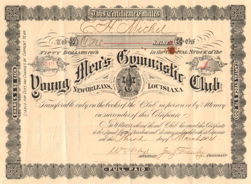 Young Men's Gymnastic Club stock certificate 1904 (New Orleans LA)