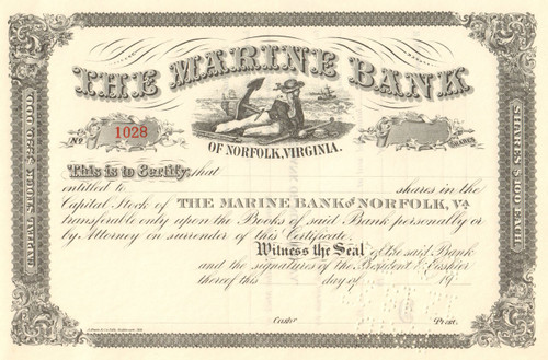 The Marine Bank stock certificate circa 1918 (Norfolk VA)