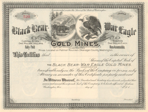Black Bear - War Eagle Gold Mines stock certificate circa 1899 (Washington)