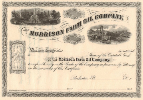 Morrison Farm Oil Company stock certificate circa 1865 (Pennsylvania)