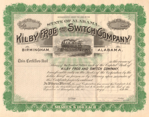 Kilby Frog and Switch Company stock certificate circa 1902 (Alabama) 