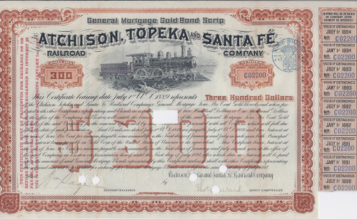 1894 Atchison, Topeka, and Santa Fe Railroad Company
Red-Brown $300 issue