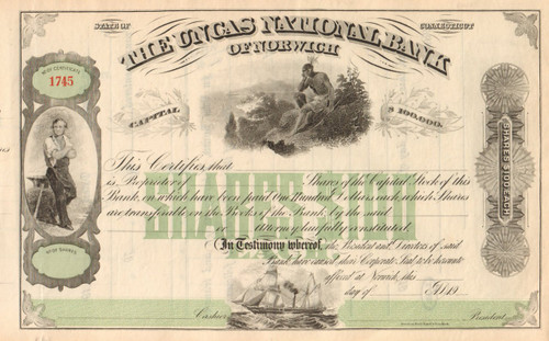 Uncas National Bank of Norwich stock certificate circa 1900 (Connecticut) 