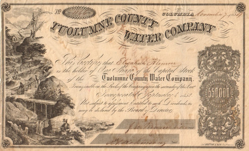 Tuolumne County Water Company stock certificate 1854 (Columbia California)