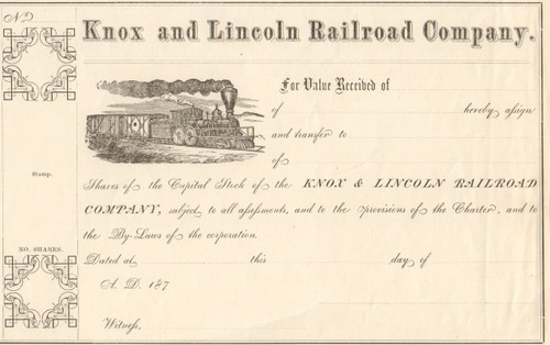 Knox and Lincoln Railroad Company stock certificate 1870's (Maine)