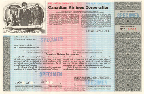 Canadian Airlines Corporation stock certificate - specimen