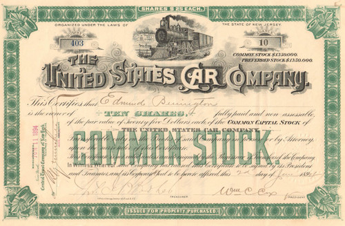 United States Car Company stock certificate 1894 (railway cars) - green Common stock