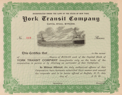 York Transit Company stock certificate circa 1911 (New York)