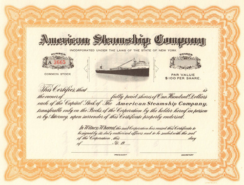 American Steamship Company stock certificate circa 1907  (New York)