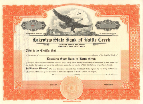 Lakeview State Bank of Battle Creek stock certificate circa 1926  (Michigan)
