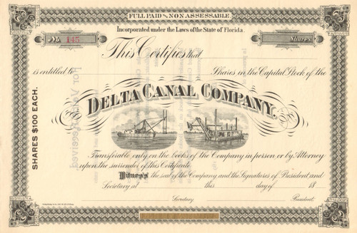 Delta Canal Company stock certificate circa 1893  (Florida)