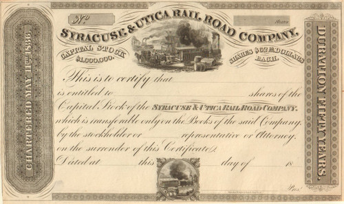 Syracuse and Utica stock certificate circa 1836 (New York)