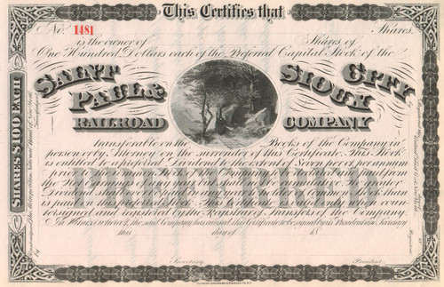St. Paul & Sioux City Railroad Company stock certificate circa 1869 