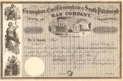 Birmingham, East Birmingham & South Pittsburgh Gas Company stock certificate circa 1856 (Pennsylvania)