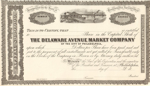Delaware Avenue Market Company stock certificate 1860's (Philadelphia PA)