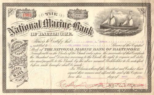 National Marine Bank stock certificate 1911 (Baltimore MD) 
