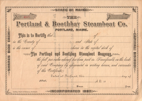 Portland and Boothbay Steamboat Company stock certificate circa 1887  (Maine)