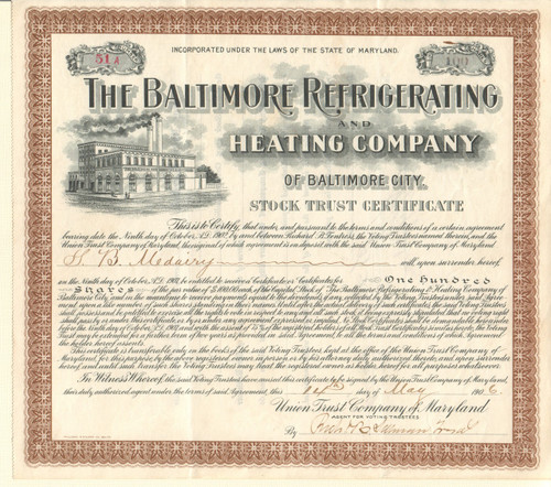 Baltimore Refrigerating and Heating Company stock certificate 1906 