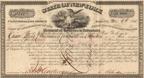 State of New York Payment of Bounties to Volunteers bond certificate 1865 