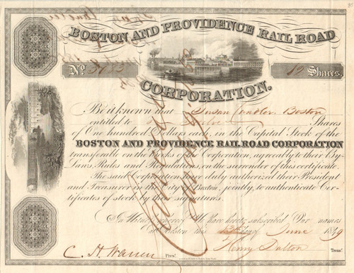 Boston and Providence Rail Road Corporation stock certificate 1849 (Massachusetts)