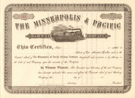 Minneapolis and Pacific Railway Company  stock certificate circa 1884 (Minnesota)