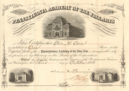 Pennsylvania Academy of the Fine Arts stock certificate (Philadelphia)