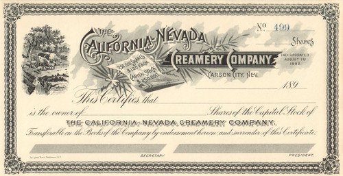 California-Nevada Creamery Company stock certificate circa 1892 (Nevada)